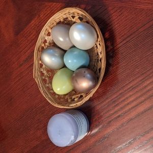 Candle Set Pearlecent Pastel Hard Solid Decor Eggs w/Wicker Basket.&